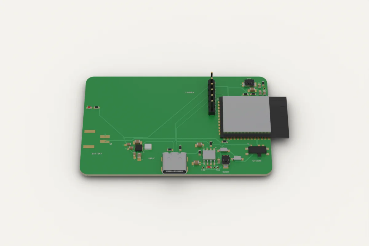 A rendered green circuit board with an ESP32-S3 module, a USB-C port, a camera header and two buttons