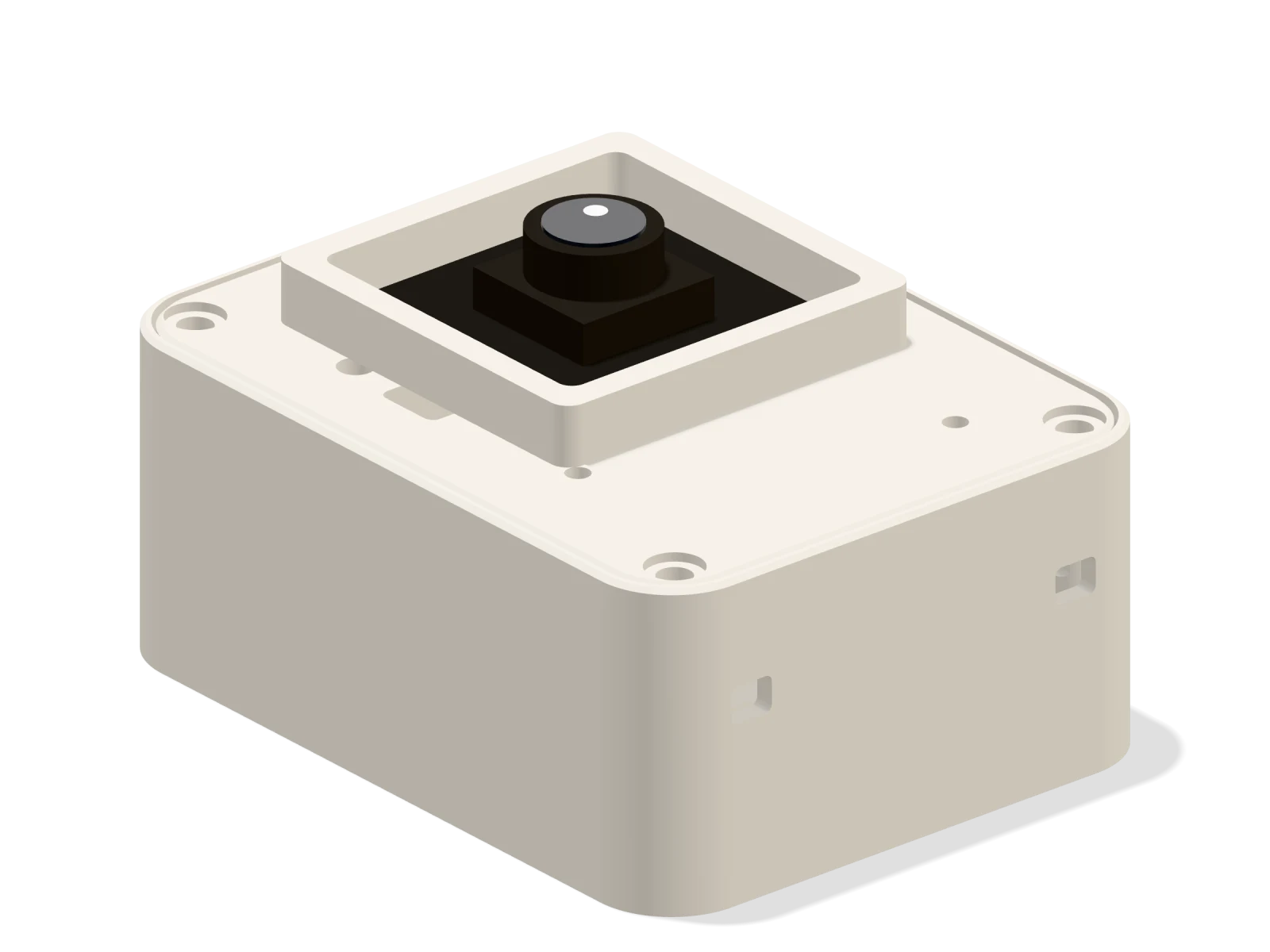 A small white Wi-Fi camera in a 3D printed case, designed with Tovan